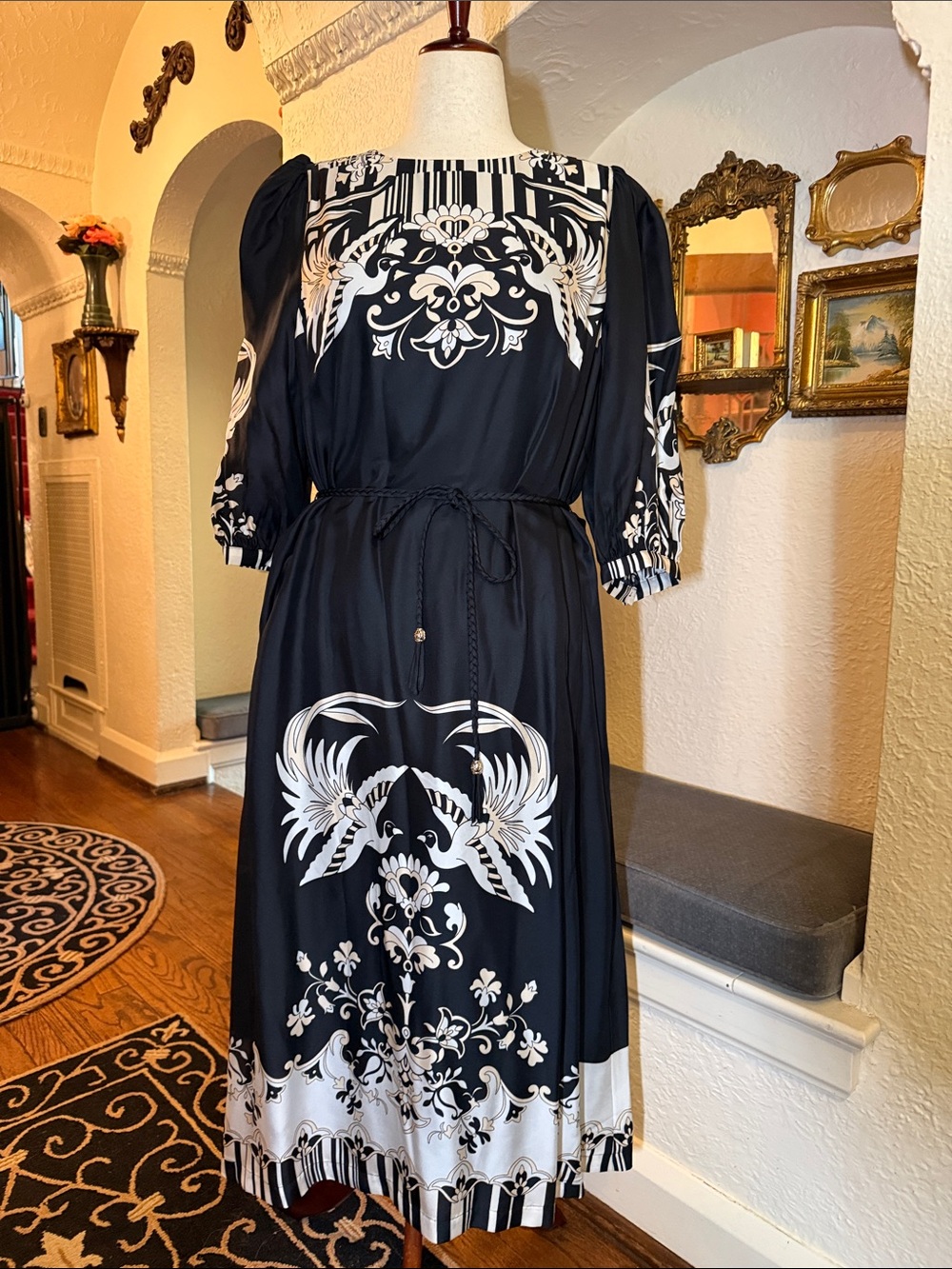 Johnny Was (Jade)  Black and Cream  and white Printed Midi Dress